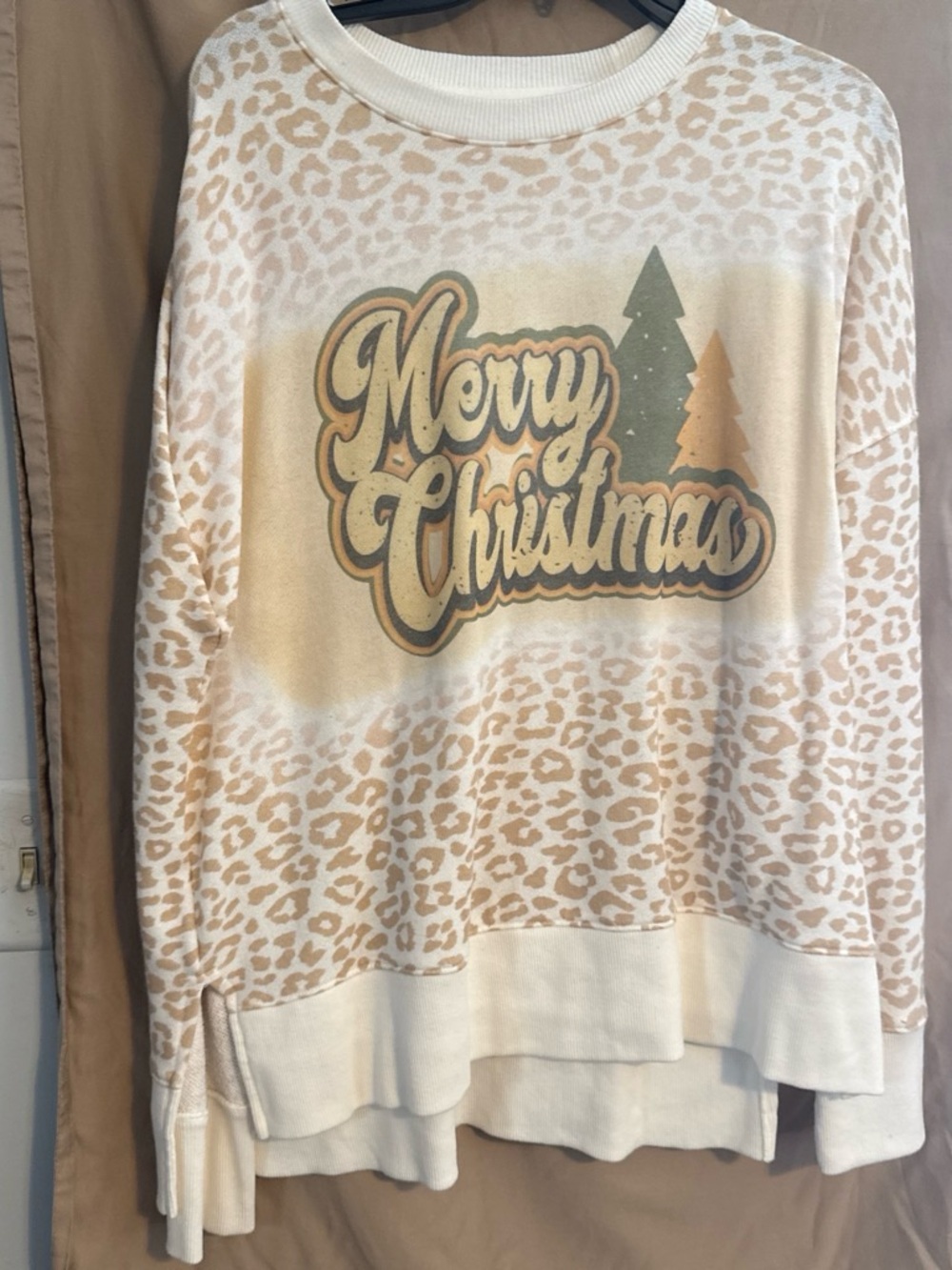 Time and Tru Cream Leopard 'Merry Christmas' Graphic Sweatshirt